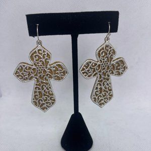 Silver Filigree Cross Earrings with gold shimmer back